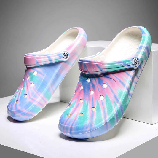 Tie-Dye Garden Clogs for Women - Lightweight Non-Slip Slip-On Comfortable Two-Way Wear Beach Slides